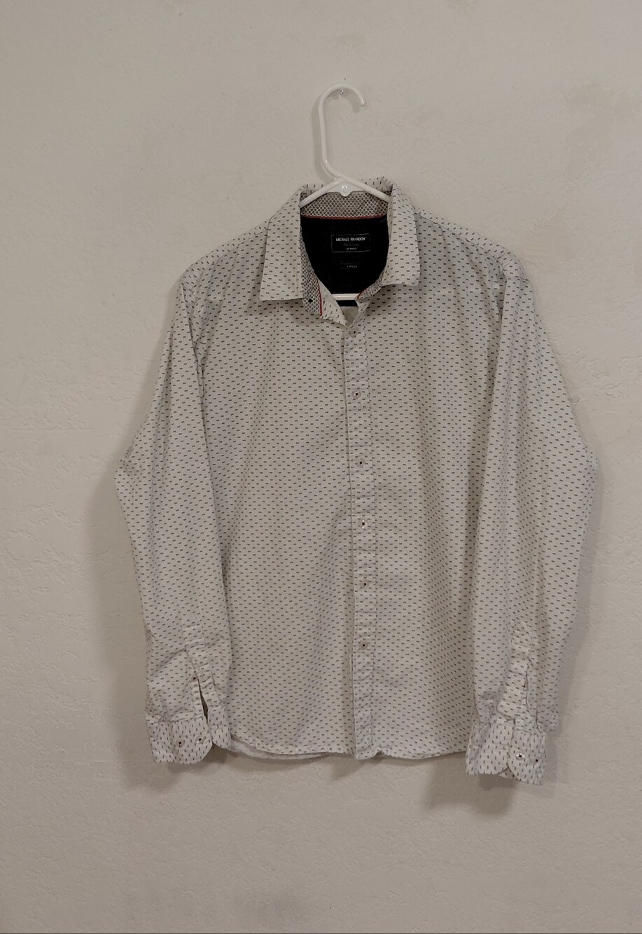 Michael Brandon White Button-Up Shirt with Tiny Navy Dot Pattern